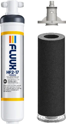 FLUUX HF2-17 Premium water filter cartridge beside its carbon block