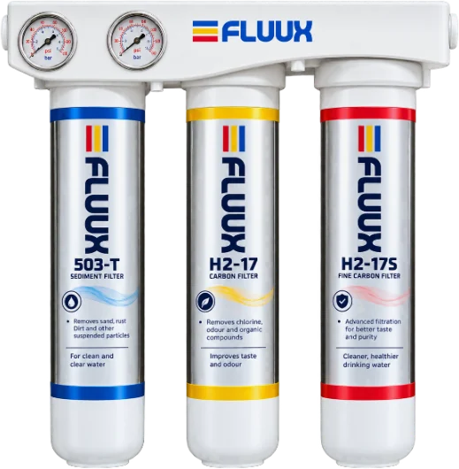 FLUUX MULTI system: sediment, carbon and fine carbon filters with two pressure gauges