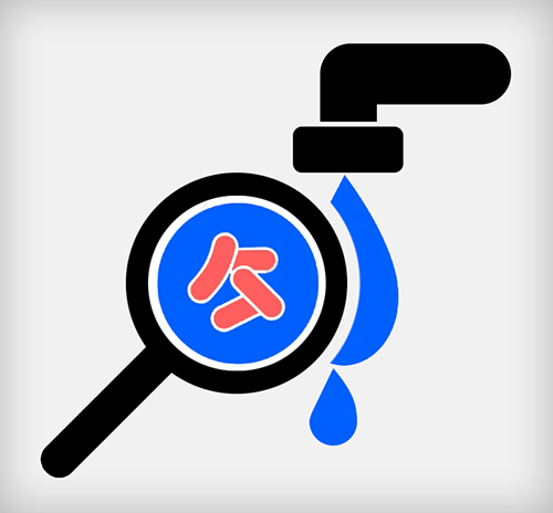 Illustration of a tap dripping water, with a magnifying glass revealing bacteria