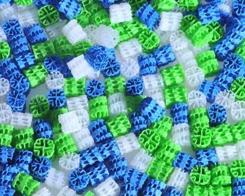 Blue, green and white plastic MBBR biofilm carrier elements